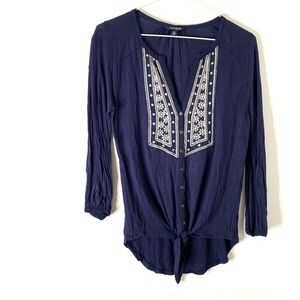 Lucky Brand Navy Blue Button Tie Front Blouse Semi Sheer White Crochet Western